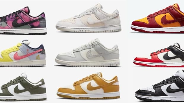 Side view of 9 Nike Dunk Low sneakers.